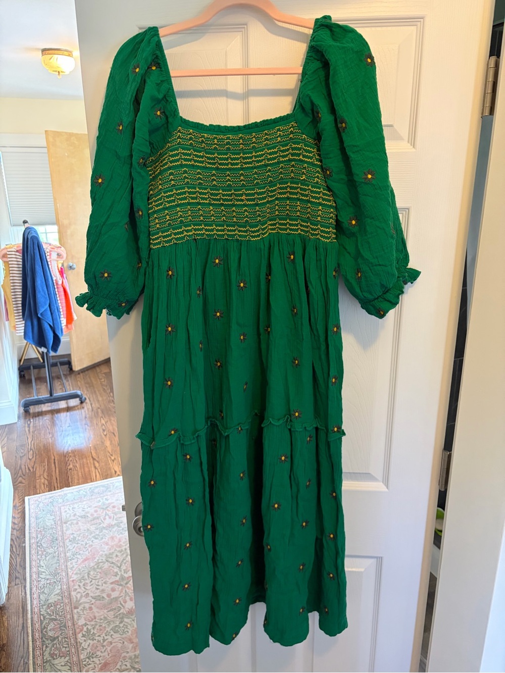 Green Embroidered Puff Sleeve Maxi Dress